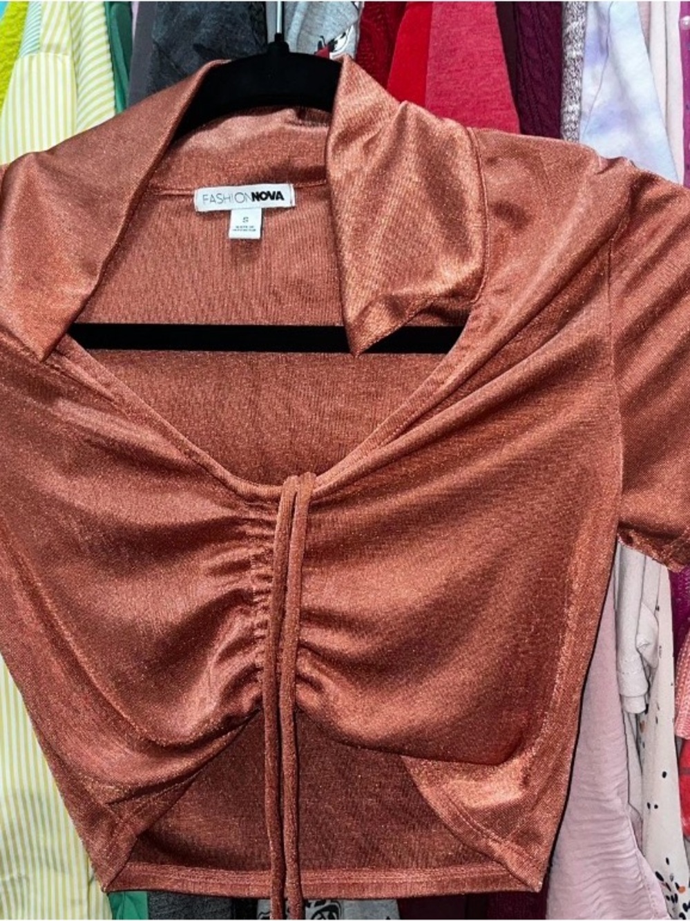 Fashion Nova Copper Shimmer Ruched Tie-Front Crop Top